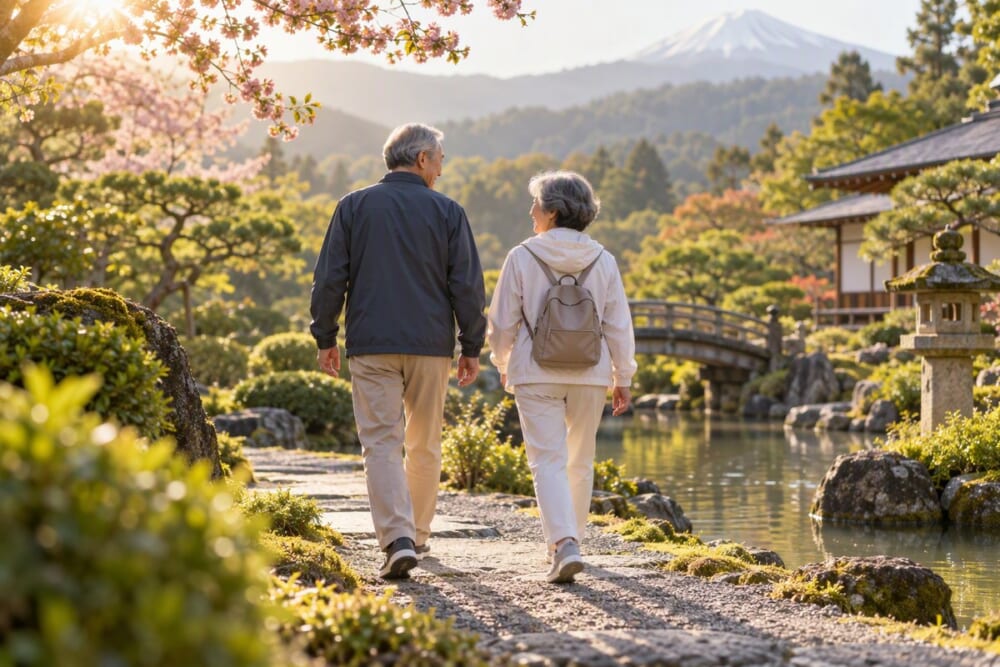 在日式庭院中散步的长者夫妇